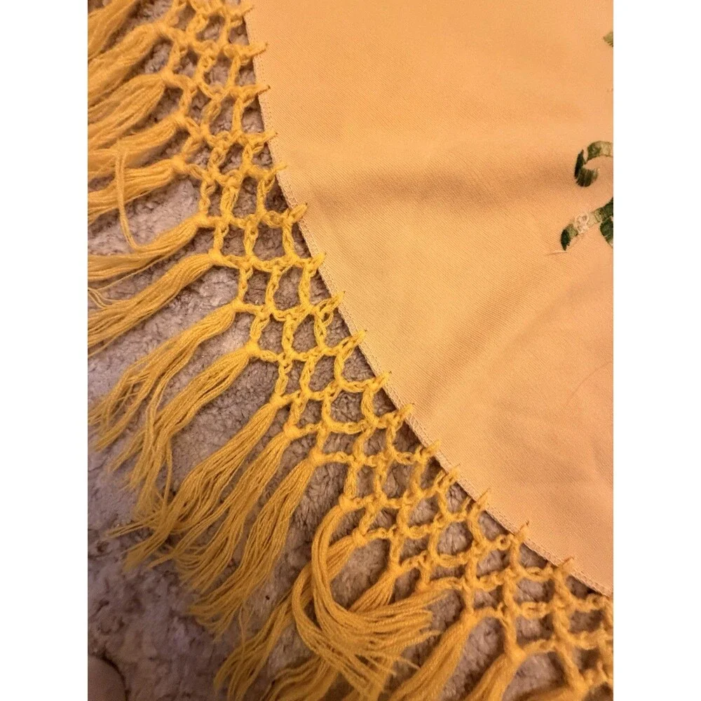 Vintage Handmade Crochet Embroidered Floral Yellow Shawl Wrap Mexican 75 X 33 C1